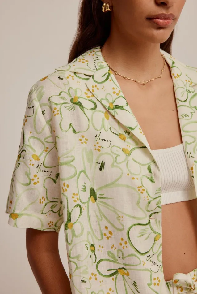 Woman Venroy Shirts Printed Linen Camp Collar Shirt