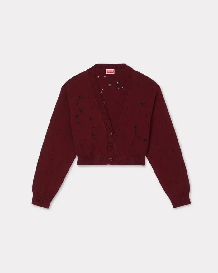 Women 039KENZO Constellation039 Embroidered Cropped Cardigan Bordeaux Kenzo Sweaters And Cardigans