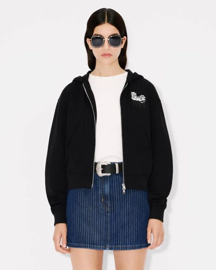 Women 039KENZO Happy Tiger039 Zipped Hoodie In Cotton Black Kenzo Sweatshirts And Hoodies