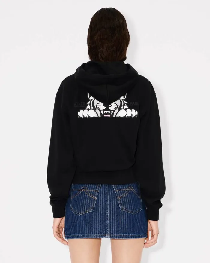 Women 039KENZO Happy Tiger039 Zipped Hoodie In Cotton Black Kenzo Sweatshirts And Hoodies