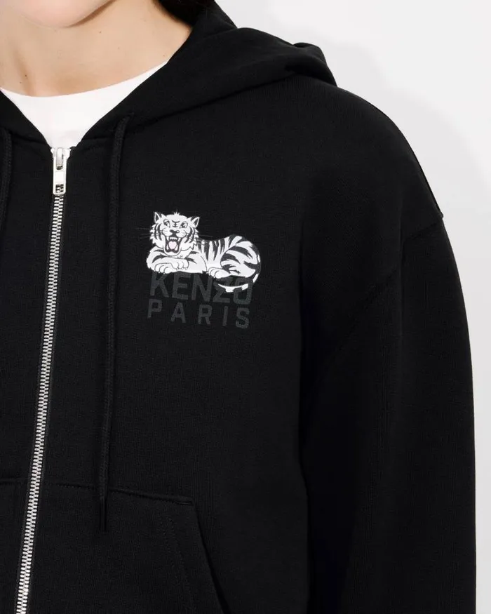 Women 039KENZO Happy Tiger039 Zipped Hoodie In Cotton Black Kenzo Sweatshirts And Hoodies