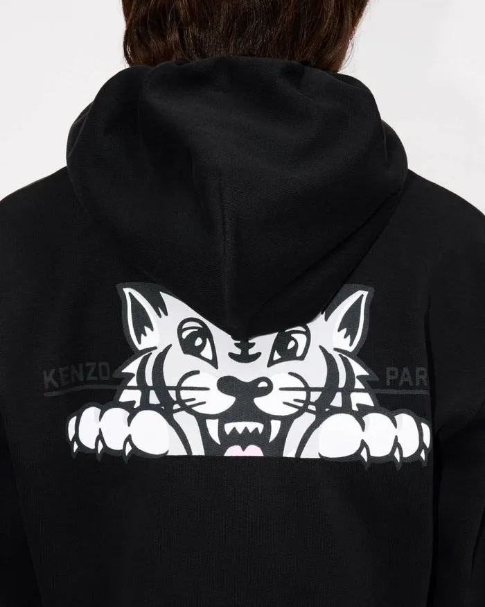 Women 039KENZO Happy Tiger039 Zipped Hoodie In Cotton Black Kenzo Sweatshirts And Hoodies