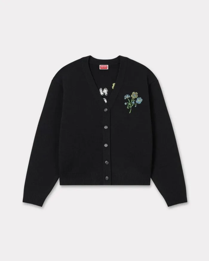 Women 039KENZO Jungle Flower039 Embroidered Cardigan In Wool Black Kenzo Sweaters And Cardigans