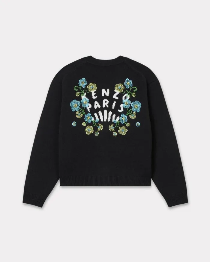Women 039KENZO Jungle Flower039 Embroidered Cardigan In Wool Black Kenzo Sweaters And Cardigans