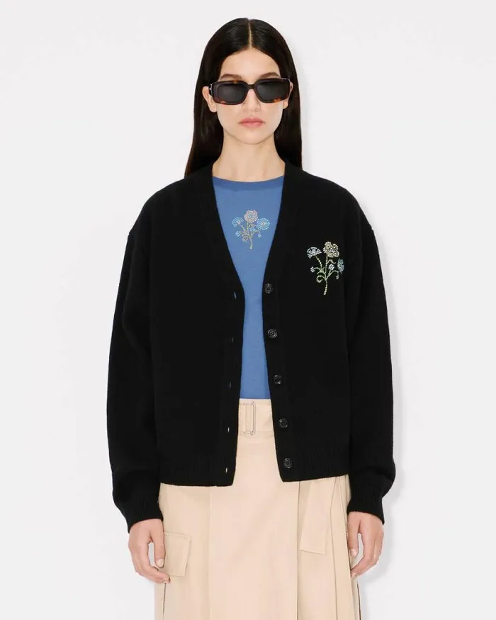 Women 039KENZO Jungle Flower039 Embroidered Cardigan In Wool Black Kenzo Sweaters And Cardigans