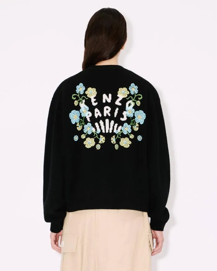Women 039KENZO Jungle Flower039 Embroidered Cardigan In Wool Black Kenzo Sweaters And Cardigans