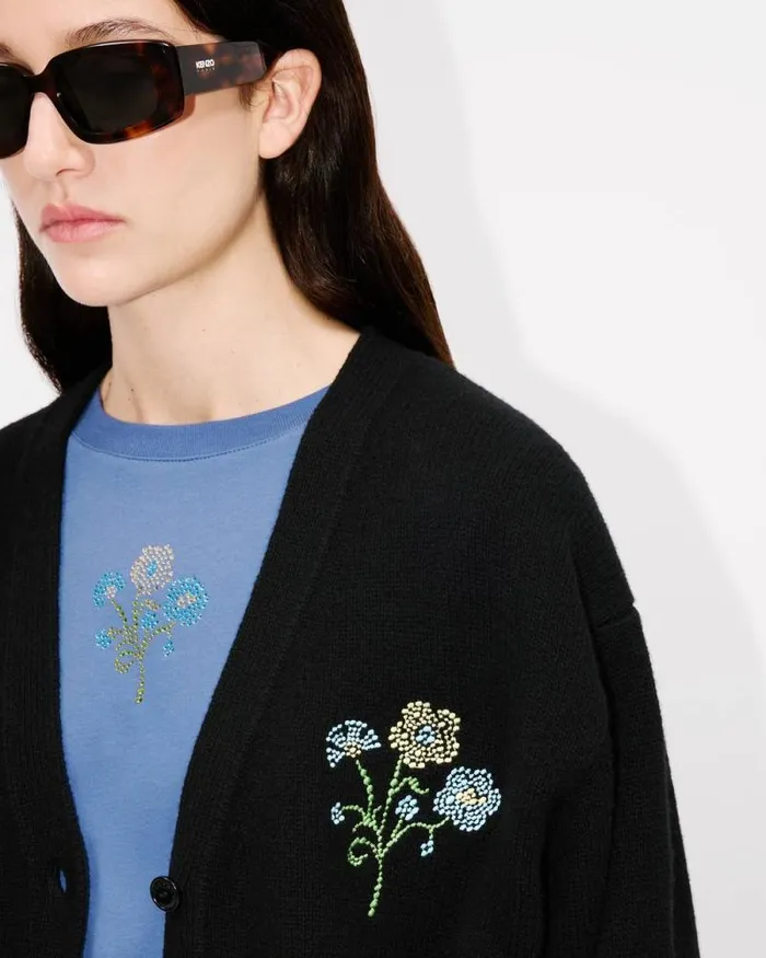 Women 039KENZO Jungle Flower039 Embroidered Cardigan In Wool Black Kenzo Sweaters And Cardigans
