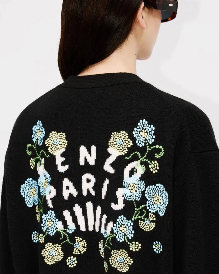 Women 039KENZO Jungle Flower039 Embroidered Cardigan In Wool Black Kenzo Sweaters And Cardigans