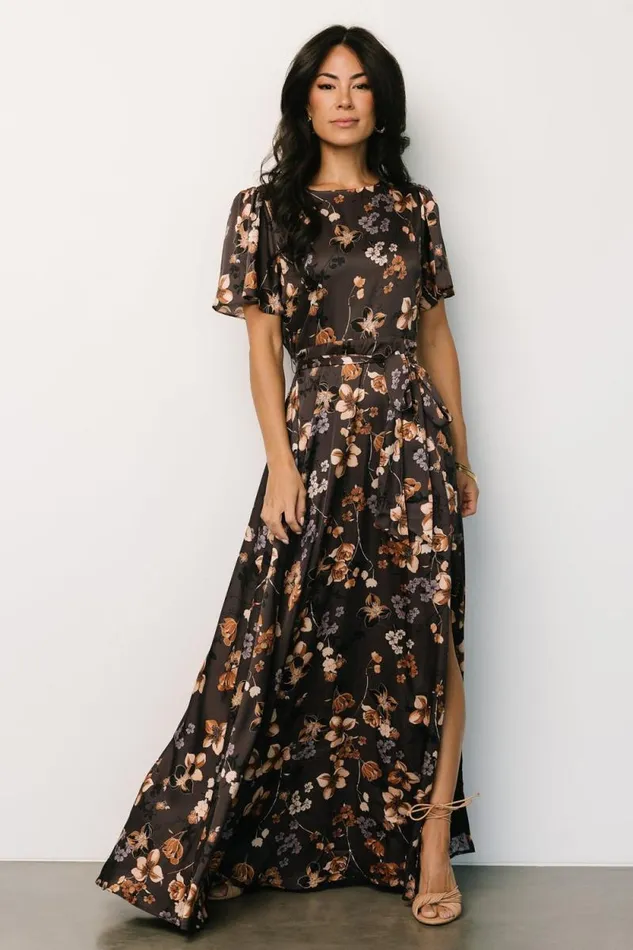 Women Agnes Satin Maxi Dress Brown Floral Baltic Born Bump Friendly