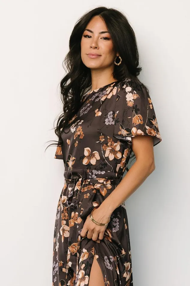 Women Agnes Satin Maxi Dress Brown Floral Baltic Born Bump Friendly