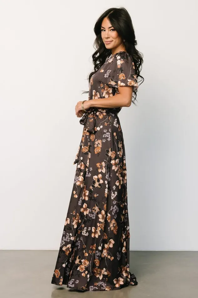 Women Agnes Satin Maxi Dress Brown Floral Baltic Born Bump Friendly