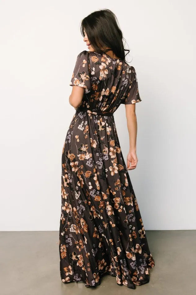 Women Agnes Satin Maxi Dress Brown Floral Baltic Born Bump Friendly