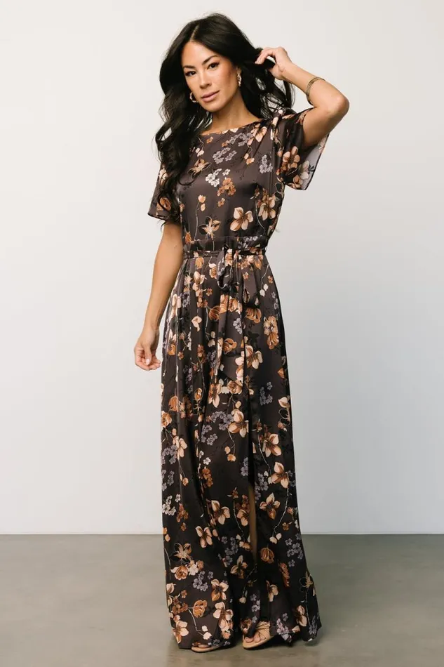 Women Agnes Satin Maxi Dress Brown Floral Baltic Born Bump Friendly