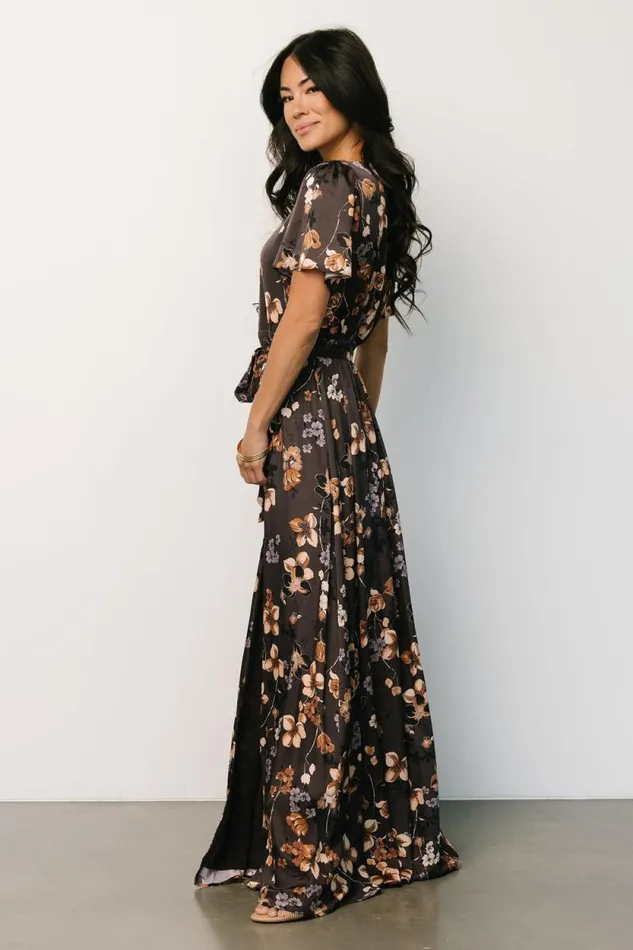 Women Agnes Satin Maxi Dress Brown Floral Baltic Born Bump Friendly