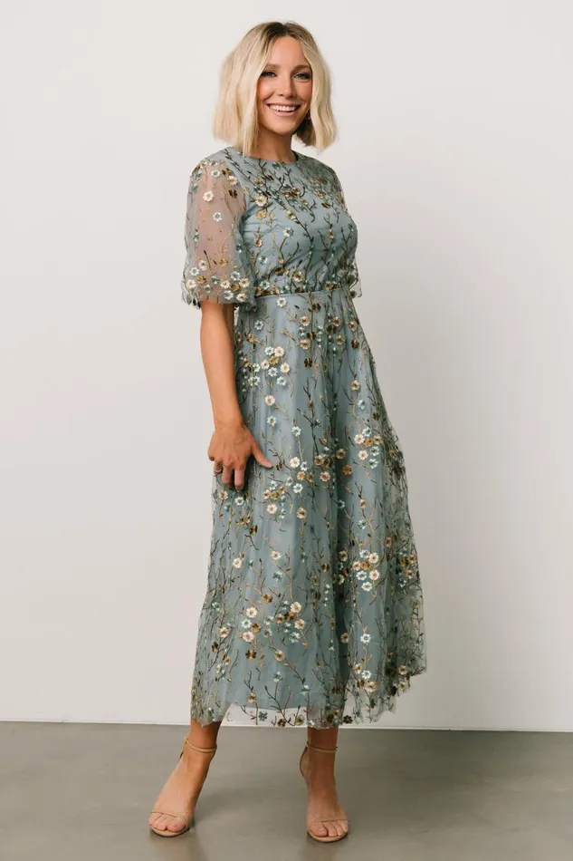 Women Arabella Embroidered Tulle Maxi Dress Dusty Blue Floral Baltic Born Tulle Styles