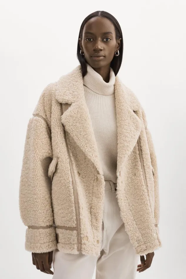 Women BADU Oversized Faux Shearling Jacket Beige LAMARQUE Sherpa