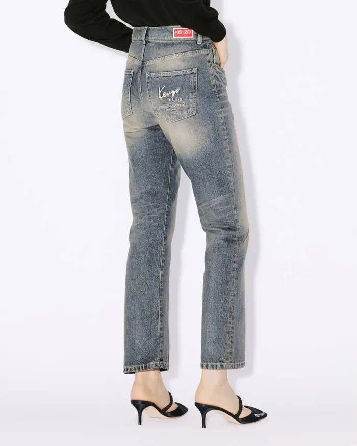 Women BARA Cropped Jeans In Japanese Denim Stone Bl Dirty Blue Denim Kenzo Pants And Shorts
