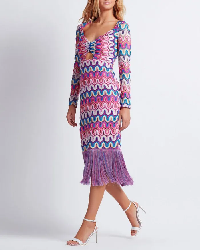 Women Beach Dresses PatBO CROCHET CUTOUT FRINGE TRIM MIDI DRESS FINAL SALE Pink Multi