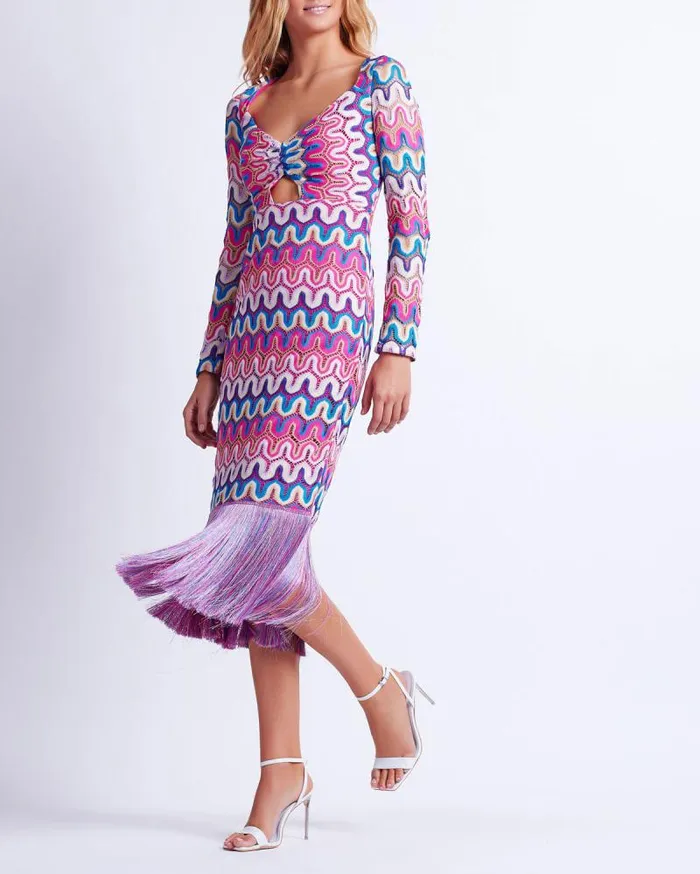 Women Beach Dresses PatBO CROCHET CUTOUT FRINGE TRIM MIDI DRESS FINAL SALE Pink Multi