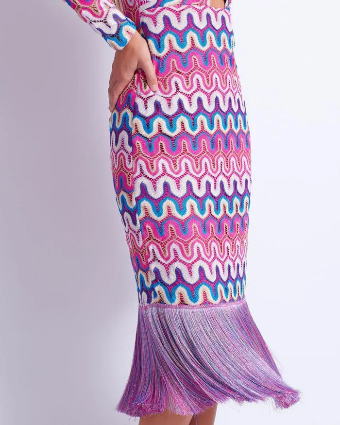 Women Beach Dresses PatBO CROCHET CUTOUT FRINGE TRIM MIDI DRESS FINAL SALE Pink Multi