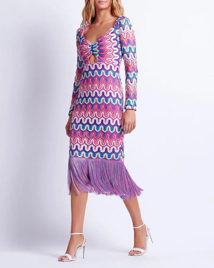 Women Beach Dresses PatBO CROCHET CUTOUT FRINGE TRIM MIDI DRESS FINAL SALE Pink Multi