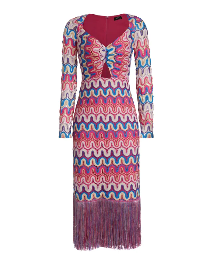 Women Beach Dresses PatBO CROCHET CUTOUT FRINGE TRIM MIDI DRESS FINAL SALE Pink Multi