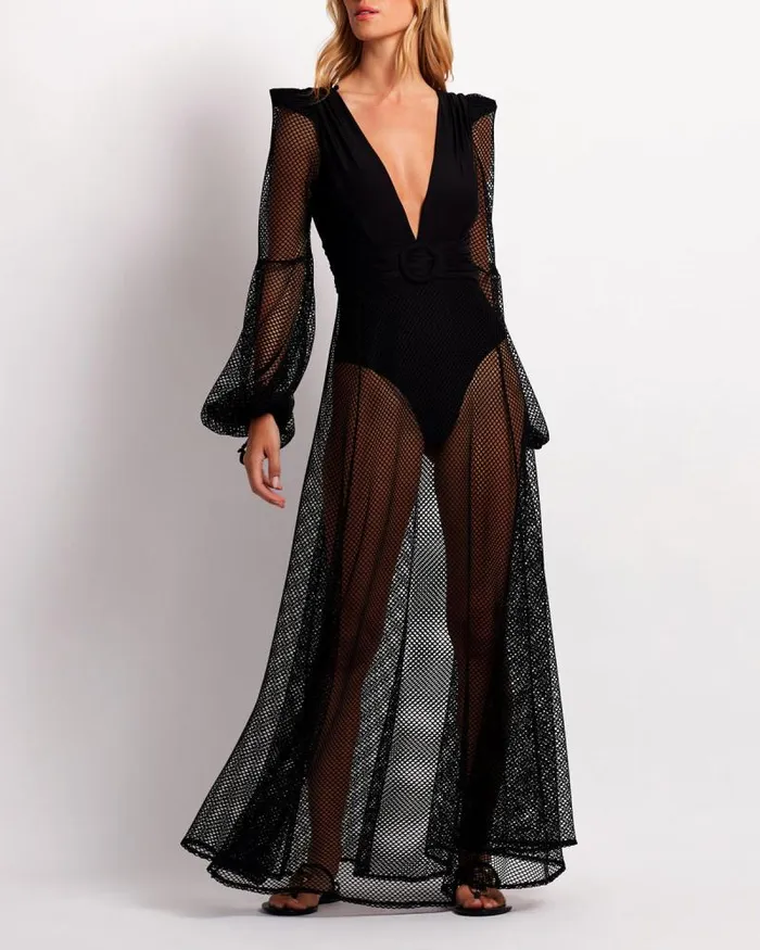 Women Beach Dresses PatBO Plunge Netted Beach Dress FINAL SALE Black