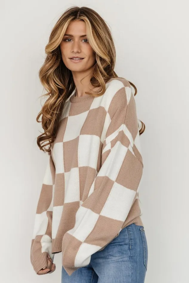 Women Bella Checkered Sweater Taupe Baltic Born Sweaters