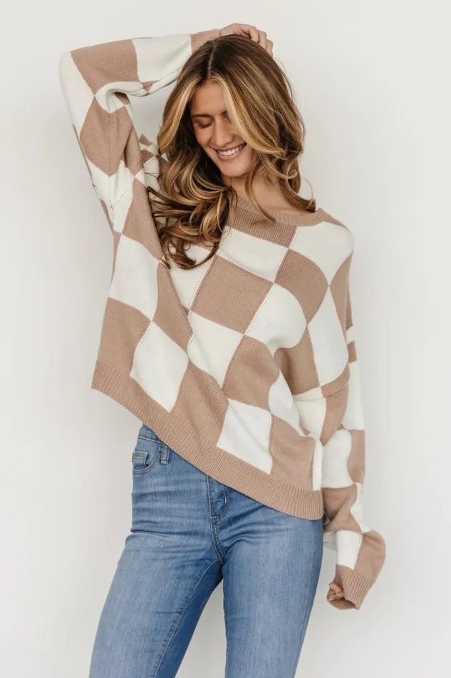 Women Bella Checkered Sweater Taupe Baltic Born Sweaters