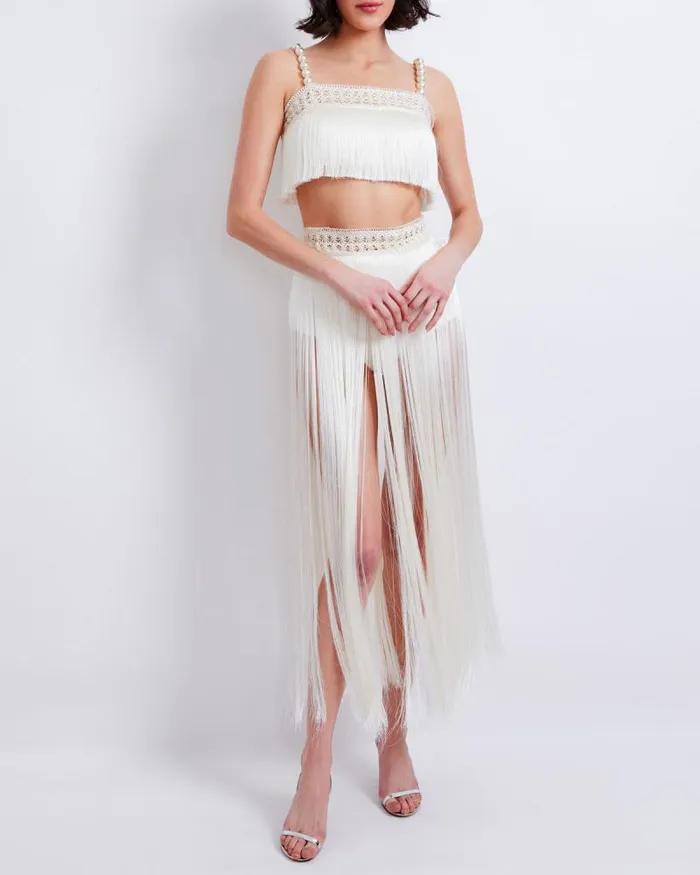 Women Bottoms PatBO AllOver Fringe Maxi Skirt With BuiltIn Bottom FINAL SALE White