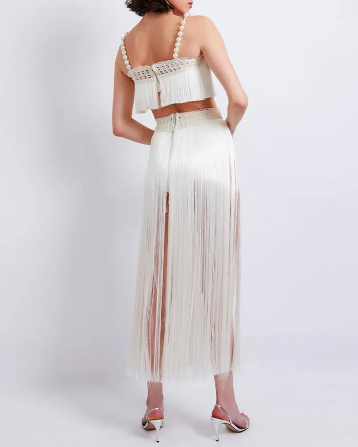 Women Bottoms PatBO AllOver Fringe Maxi Skirt With BuiltIn Bottom FINAL SALE White