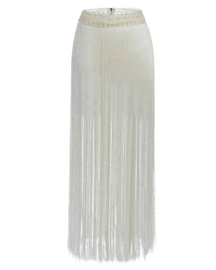 Women Bottoms PatBO AllOver Fringe Maxi Skirt With BuiltIn Bottom FINAL SALE White