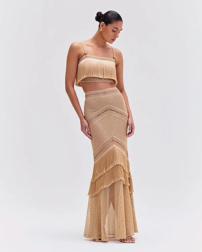 Women Bottoms PatBO Fringe Maxi Skirt Gold