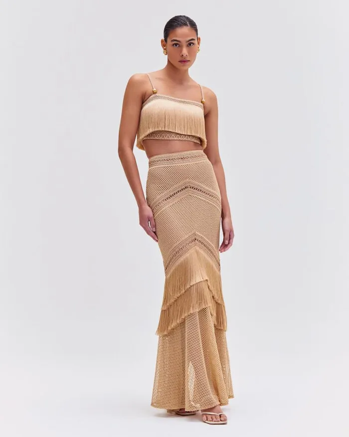 Women Bottoms PatBO Fringe Maxi Skirt Gold