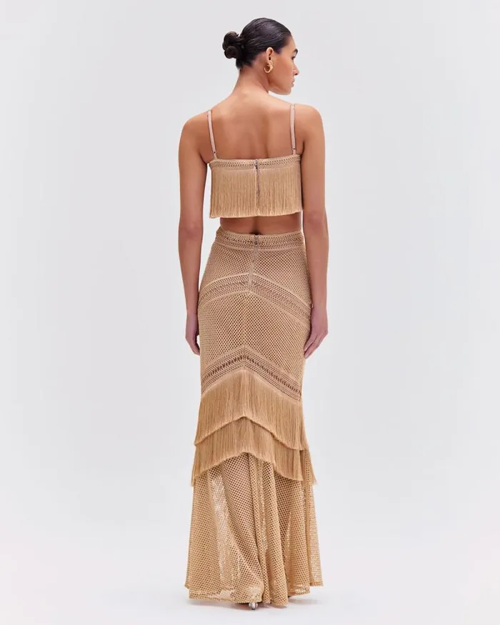 Women Bottoms PatBO Fringe Maxi Skirt Gold