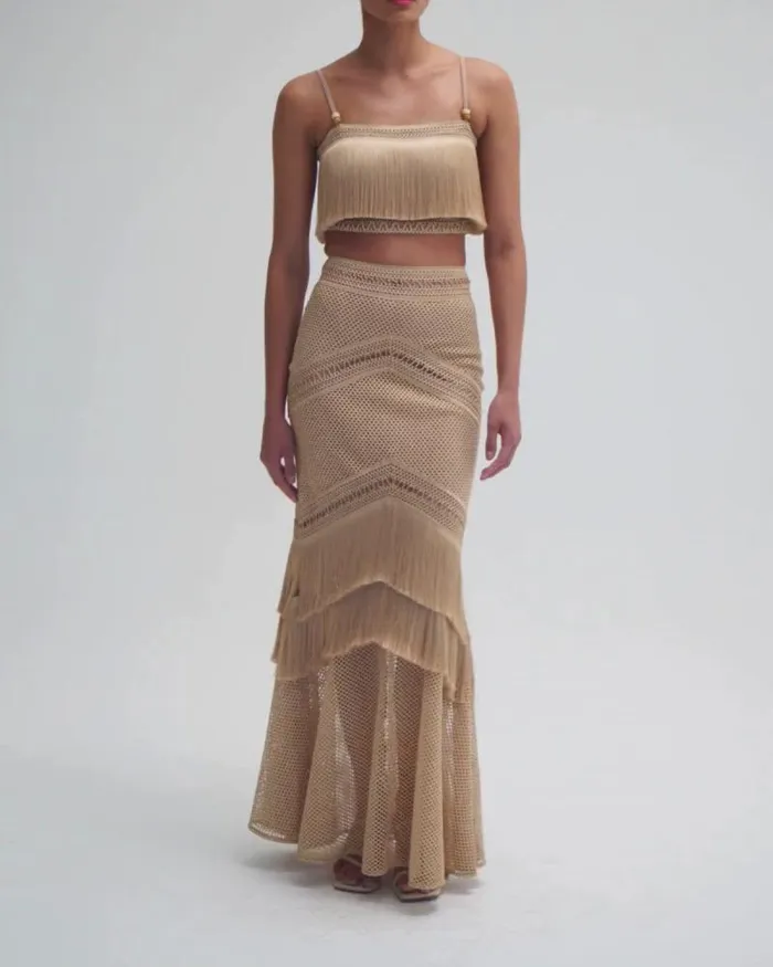Women Bottoms PatBO Fringe Maxi Skirt Gold