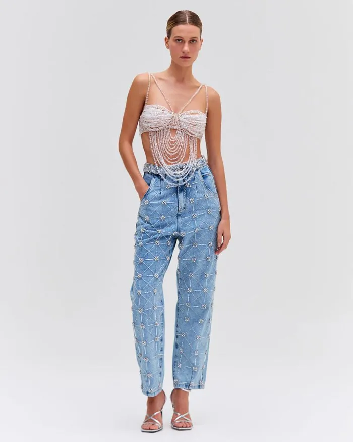 Women Bottoms PatBO HANDBEADED HIGH WAIST JEANS Denim