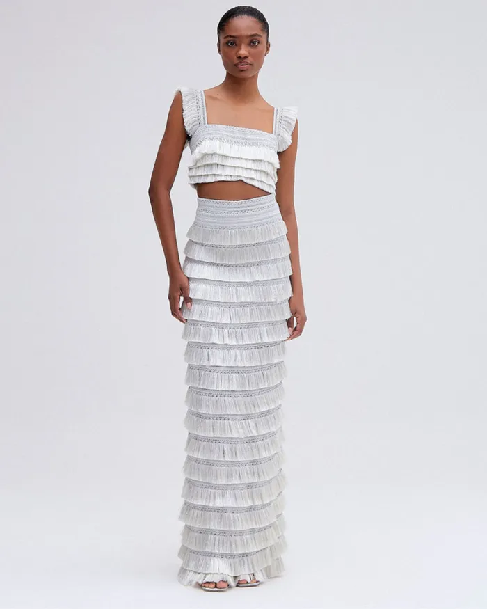Women Bottoms PatBO Metallic Fringe Maxi Skirt Silver
