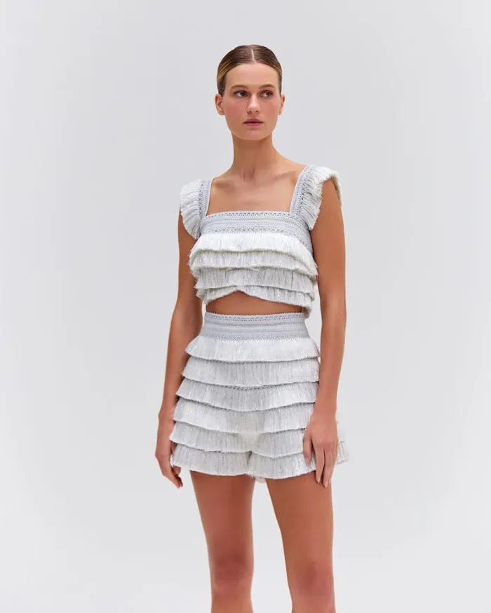 Women Bottoms PatBO Metallic Fringe Shorts Silver