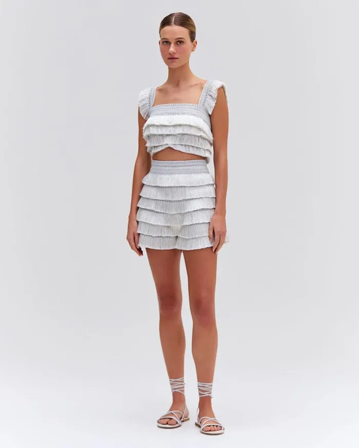 Women Bottoms PatBO Metallic Fringe Shorts Silver