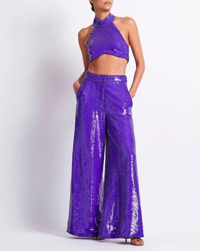 Women Bottoms PatBO SEQUIN WIDE LEG PANT FINAL SALE Purple