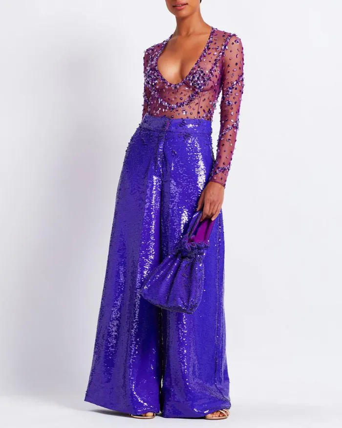 Women Bottoms PatBO SEQUIN WIDE LEG PANT FINAL SALE Purple