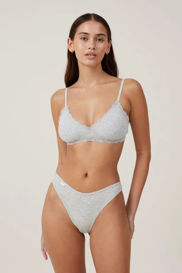 Women Bras Cotton On Organic Cotton Lace Triangle Padded Bralette Grey Marle Pointelle