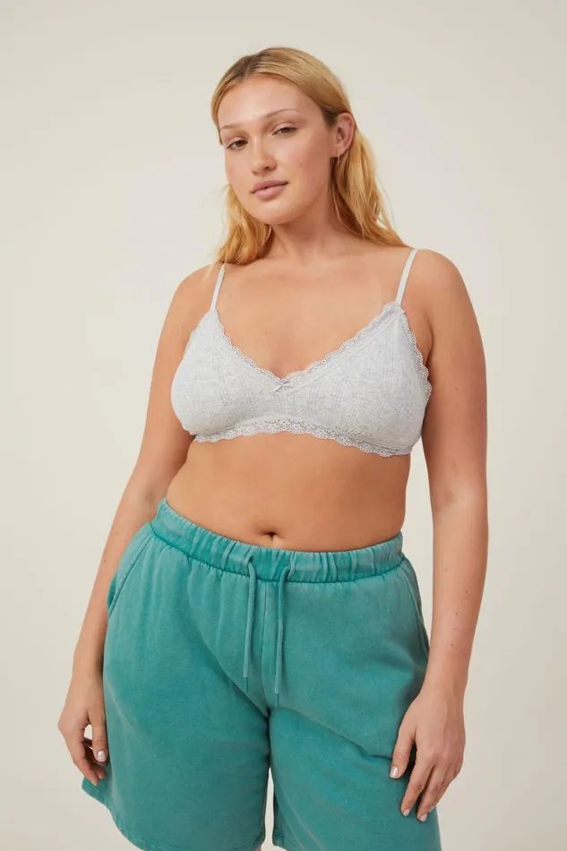 Women Bras Cotton On Organic Cotton Lace Triangle Padded Bralette Grey Marle Pointelle