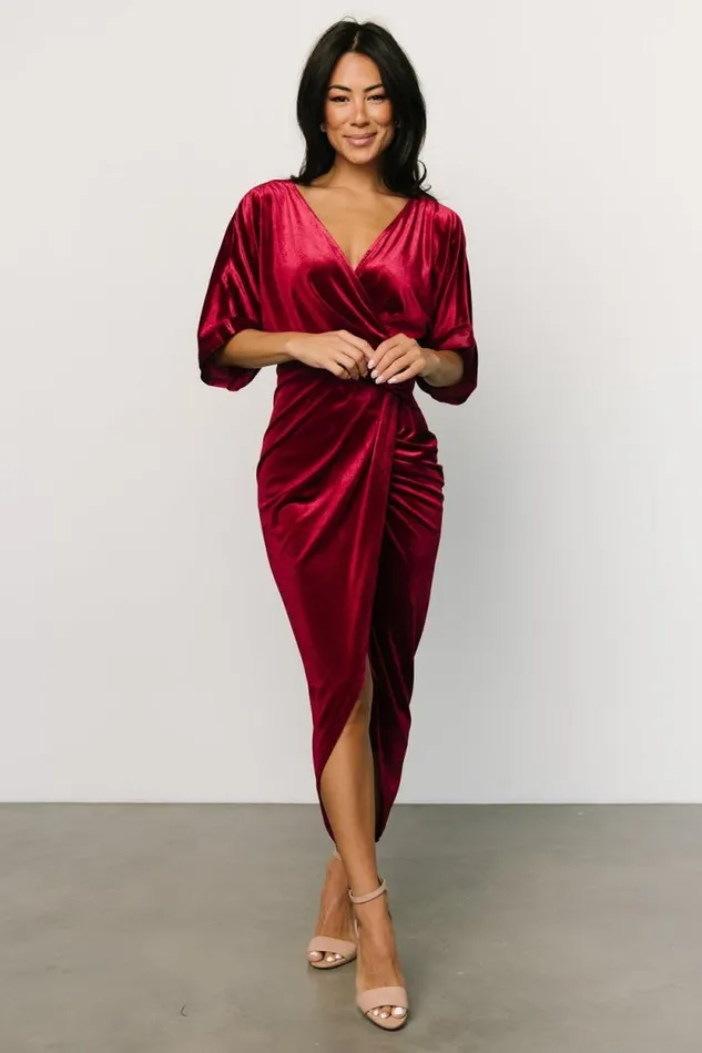 Women Brendyn Ruched Velvet Dress Wine Baltic Born Midi Dresses