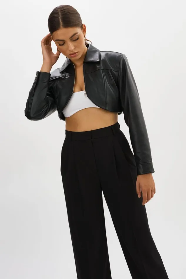 Women BRIELLE Cropped Leather Jacket Black LAMARQUE Leather Jackets