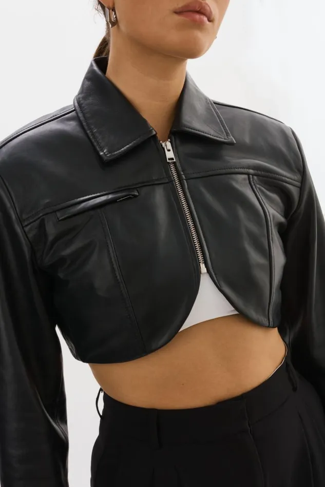 Women BRIELLE Cropped Leather Jacket Black LAMARQUE Leather Jackets