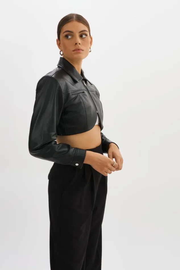 Women BRIELLE Cropped Leather Jacket Black LAMARQUE Leather Jackets