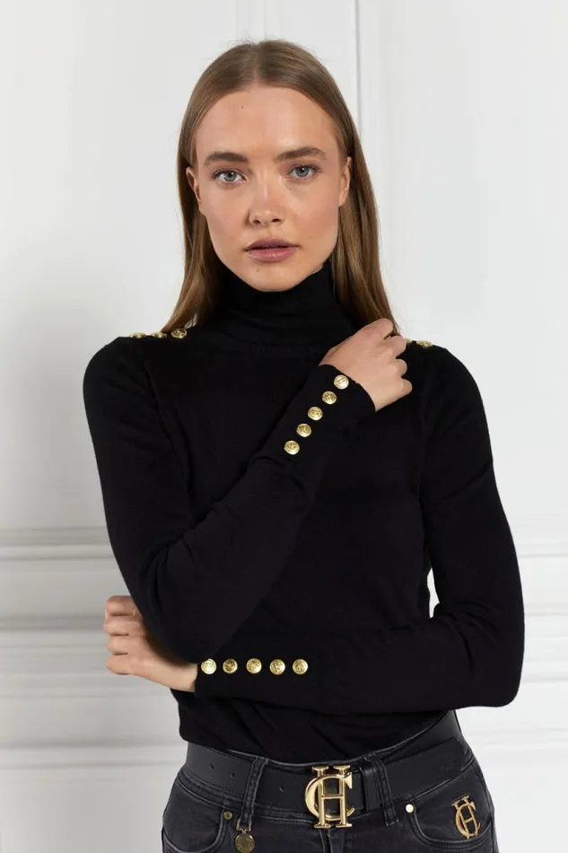 Women Buttoned Knit Roll Neck Black Holland Cooper Knitwear