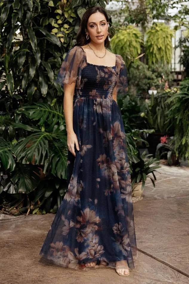 Women Cassandra Tulle Maxi Dress Dark Blue Floral Baltic Born The Guest Edit